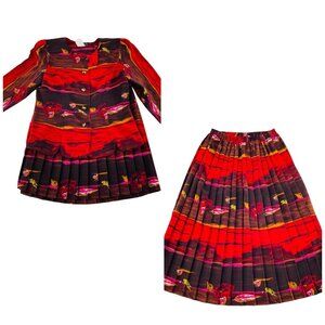 Vintage Breli Originals Womens Skirt Suit Red & Brown Floral Pleated Jacket & Sk